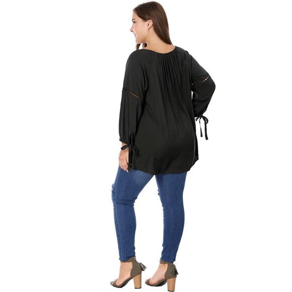 Women's Plus Size Raglan Sleeves Hollow Out Tie Neck Tunic Peasant Tops Black - Picture 5 of 6